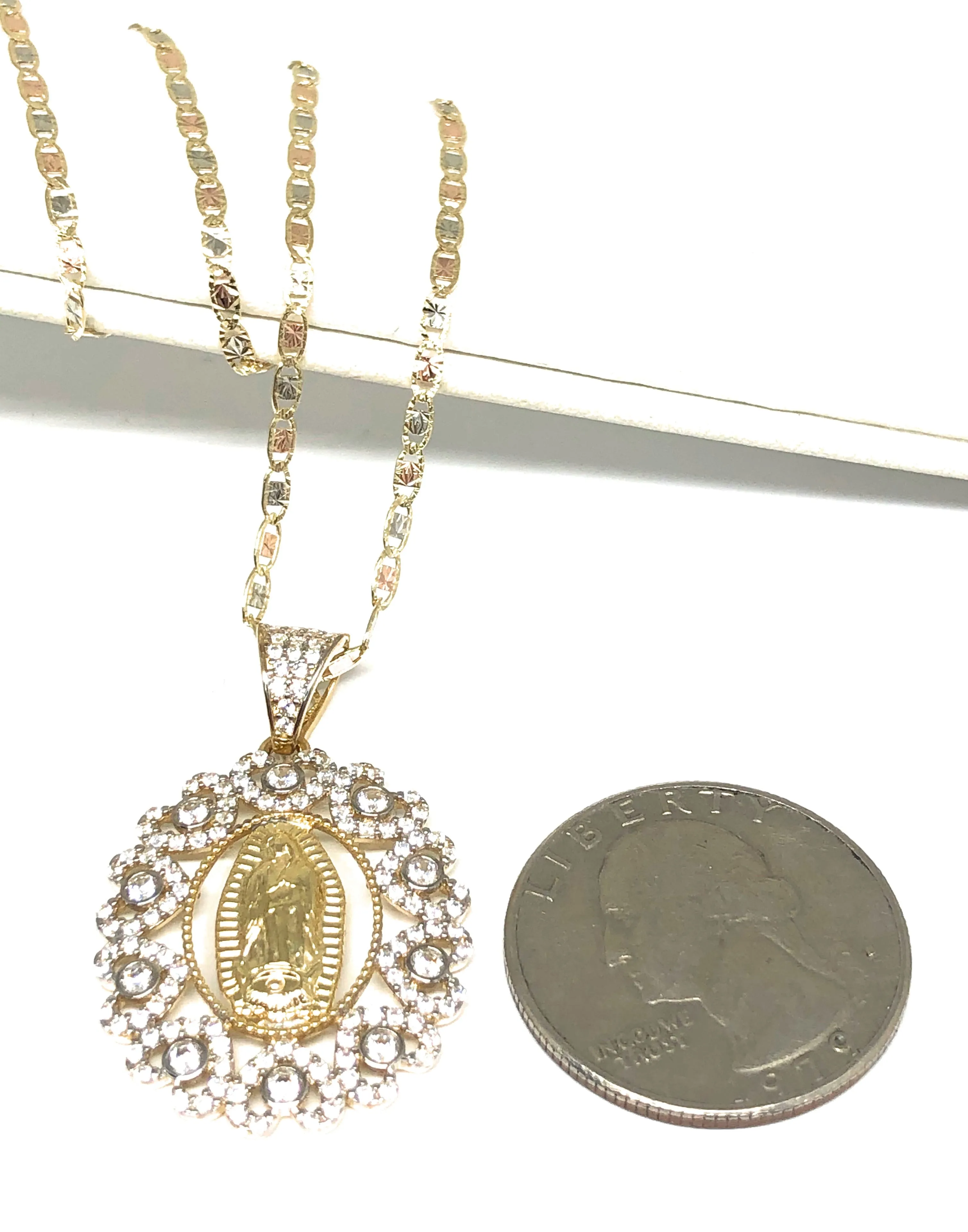 14k Solid Gold Virrgin Mary Colorful Fancy Elegant CZ Pendant  Virrgen Guadalupe Valentina Chain