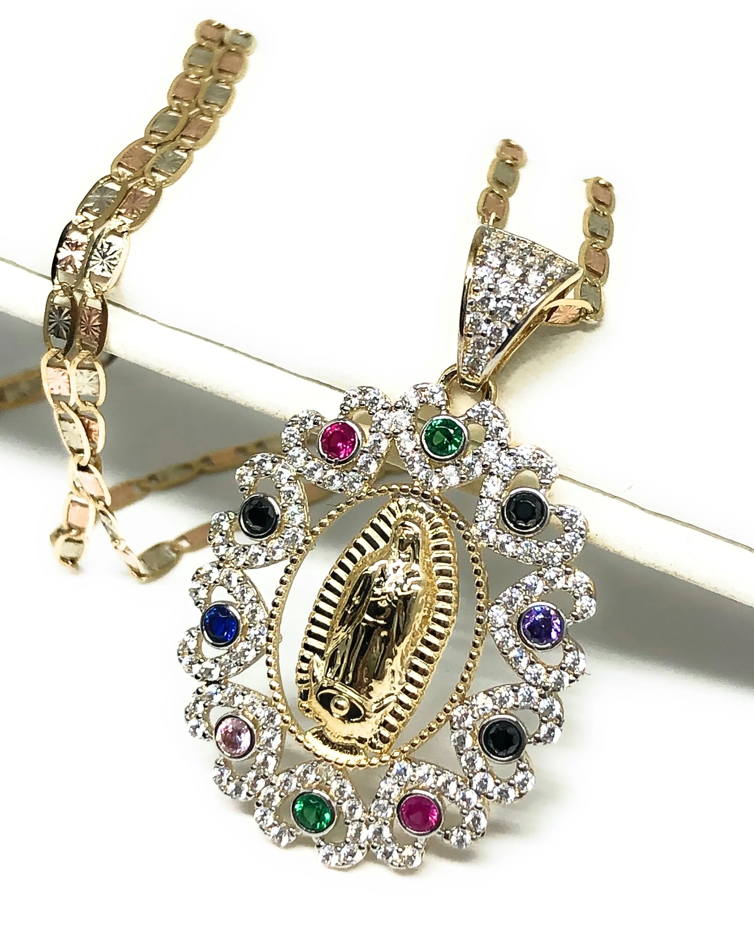14k Solid Gold Virrgin Mary Colorful Fancy Elegant CZ Pendant  Virrgen Guadalupe Valentina Chain