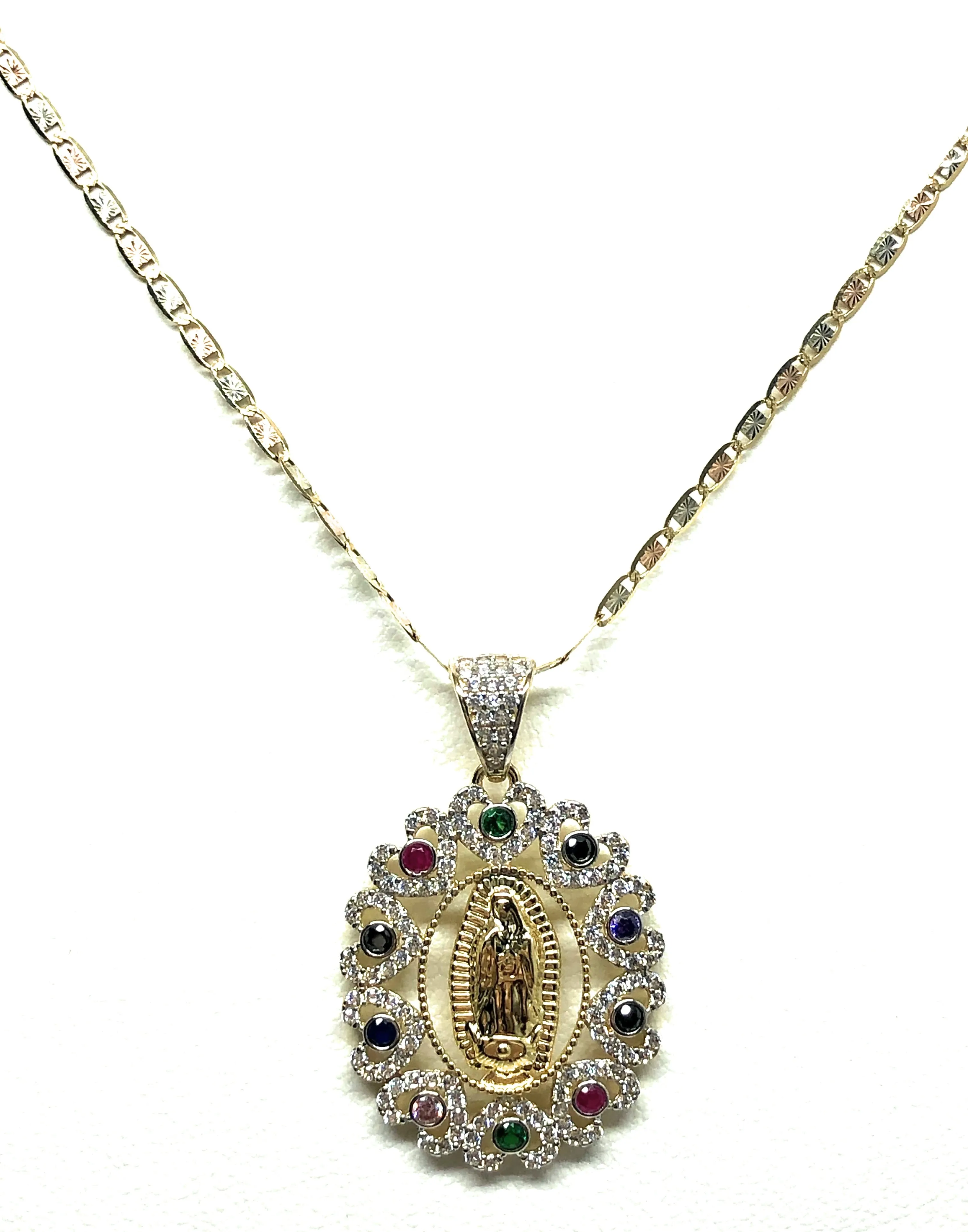14k Solid Gold Virrgin Mary Colorful Fancy Elegant CZ Pendant  Virrgen Guadalupe Valentina Chain