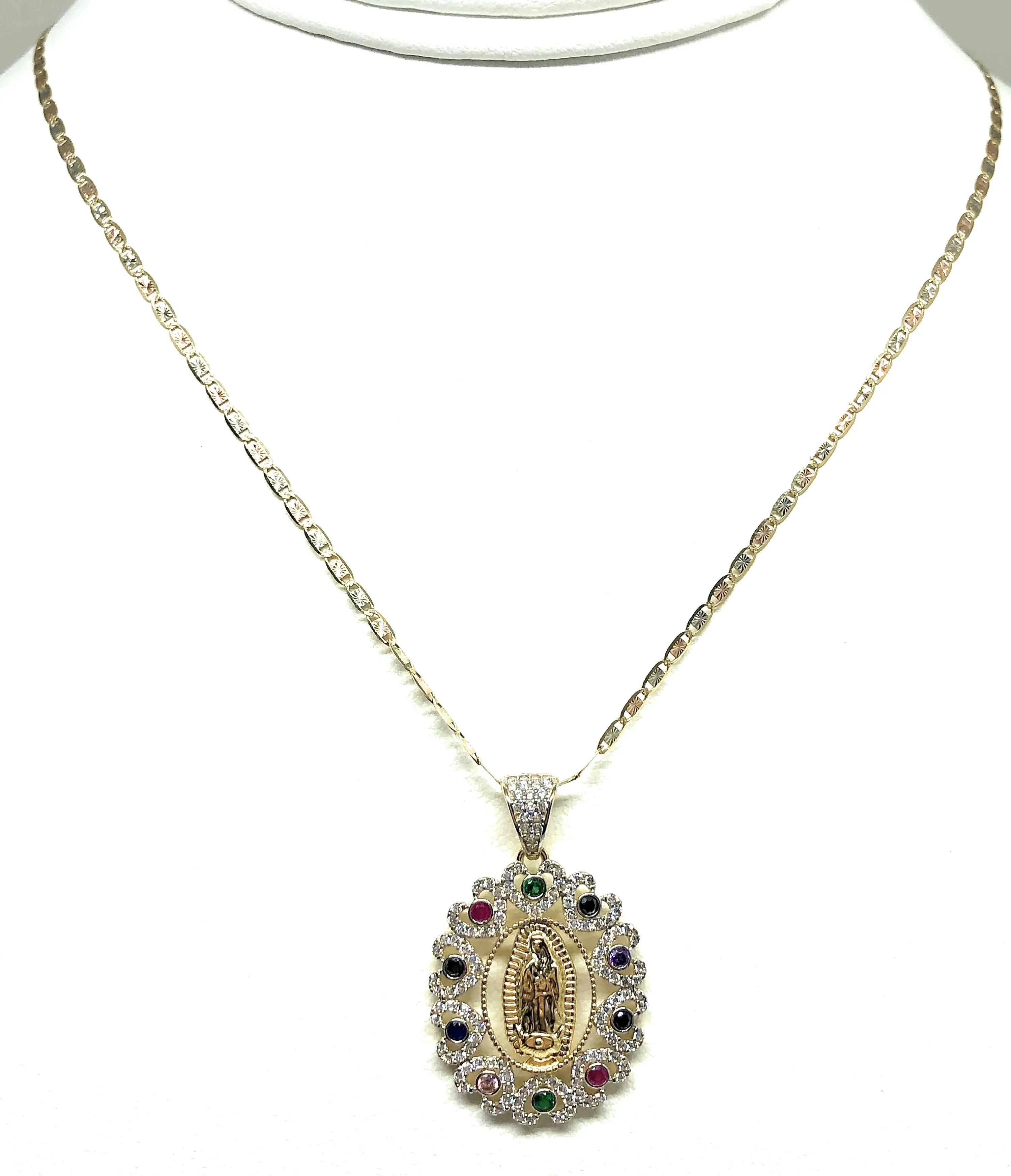 14k Solid Gold Virrgin Mary Colorful Fancy Elegant CZ Pendant  Virrgen Guadalupe Valentina Chain