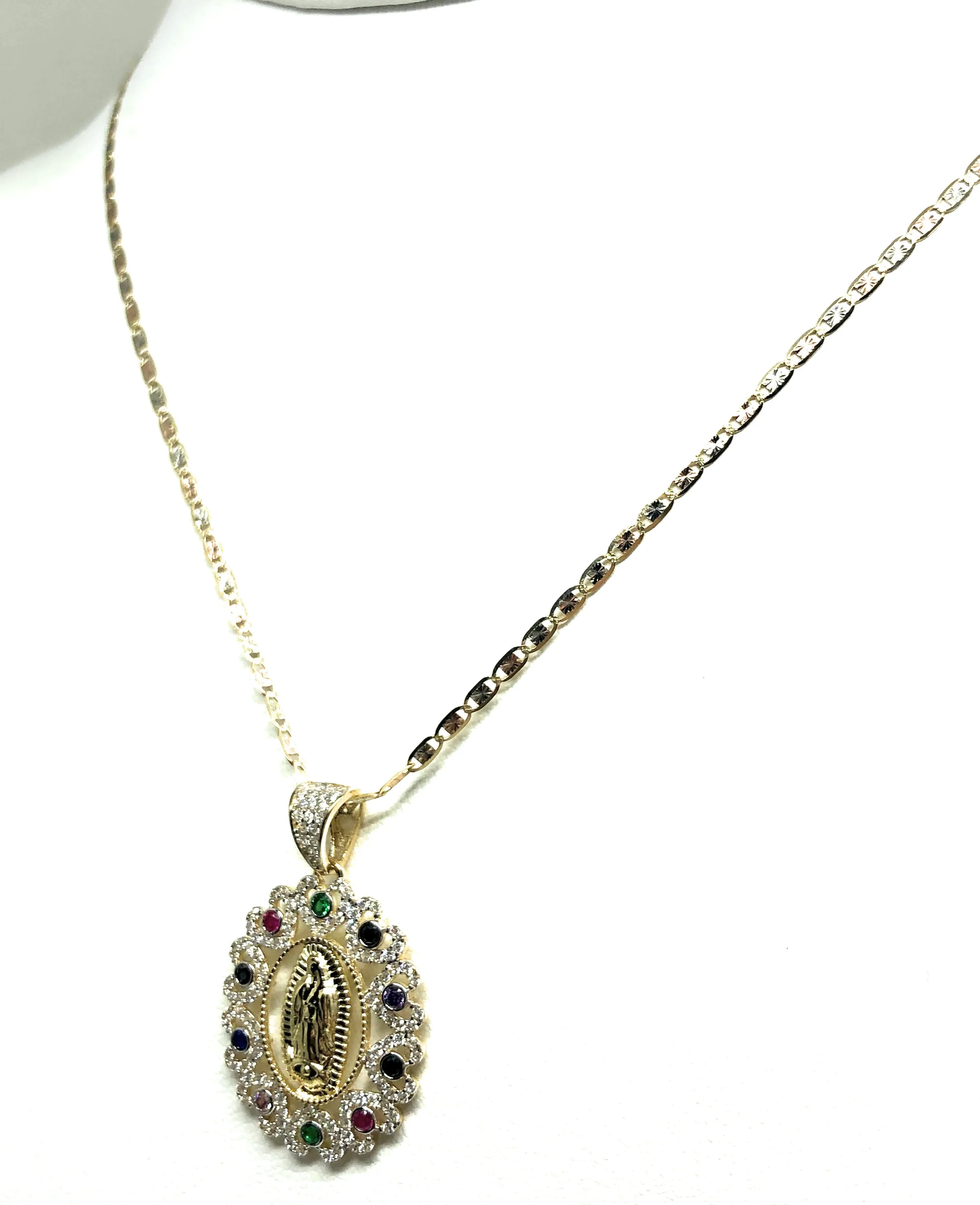 14k Solid Gold Virrgin Mary Colorful Fancy Elegant CZ Pendant  Virrgen Guadalupe Valentina Chain