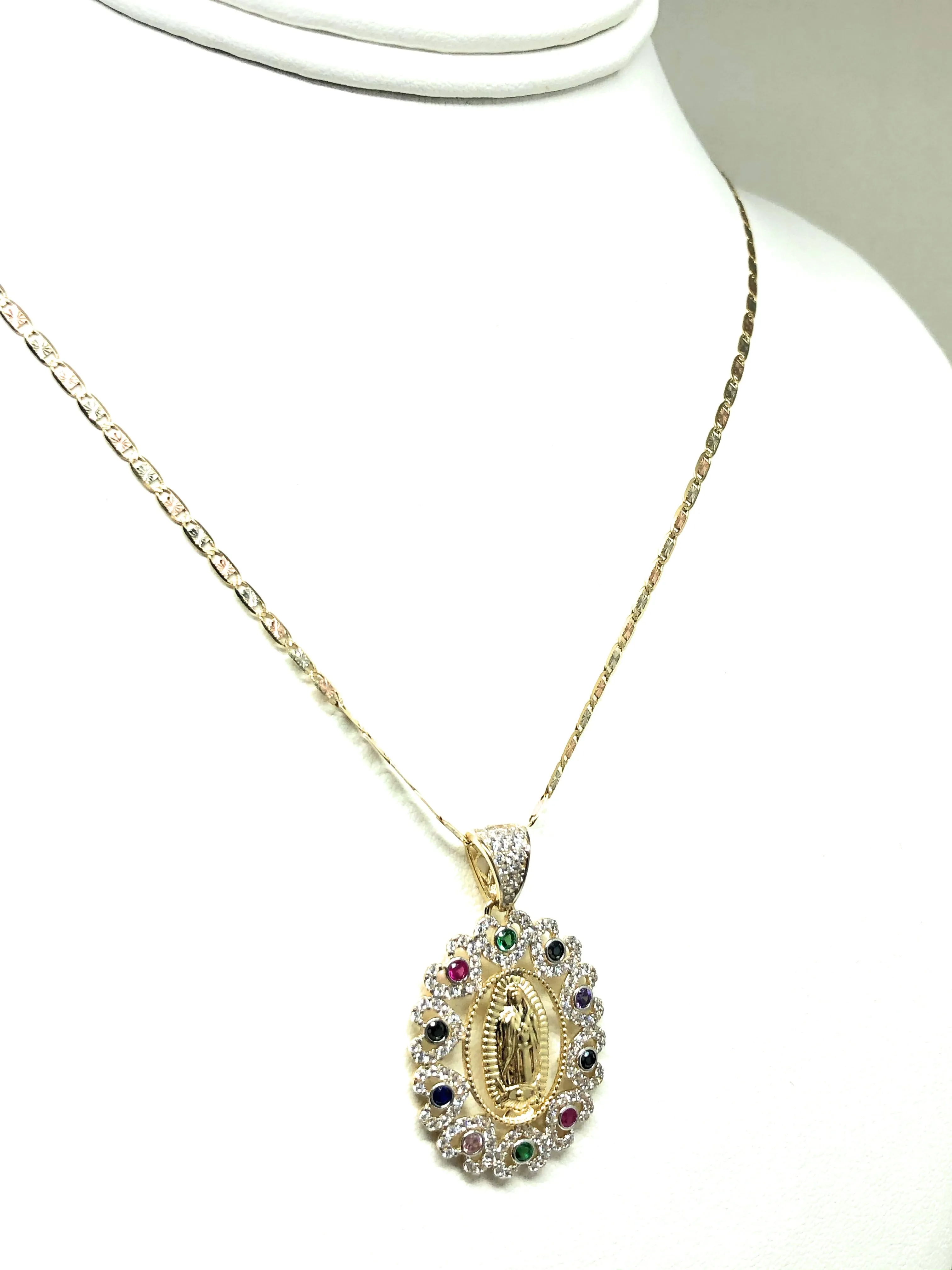 14k Solid Gold Virrgin Mary Colorful Fancy Elegant CZ Pendant  Virrgen Guadalupe Valentina Chain